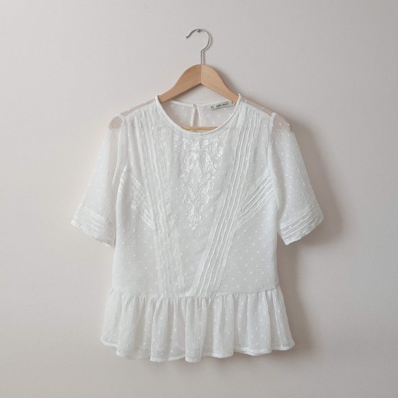 Zara Tops - Zara | White Embroidered Lace Short Sleeve Blouse